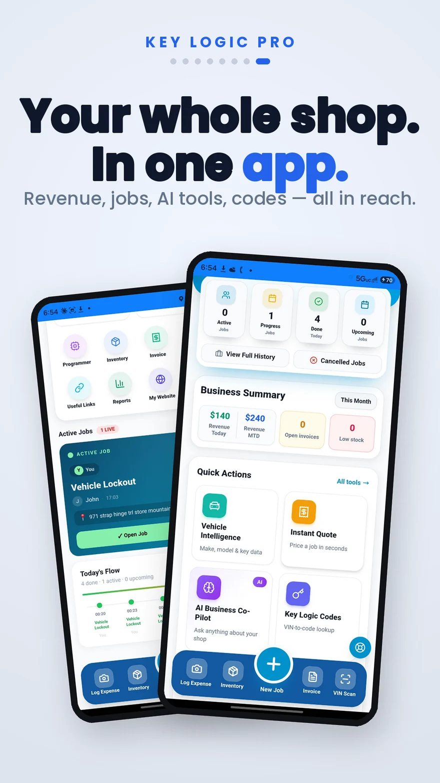 KeyLogic Pro overview screen with revenue, jobs and vehicle tools in one app