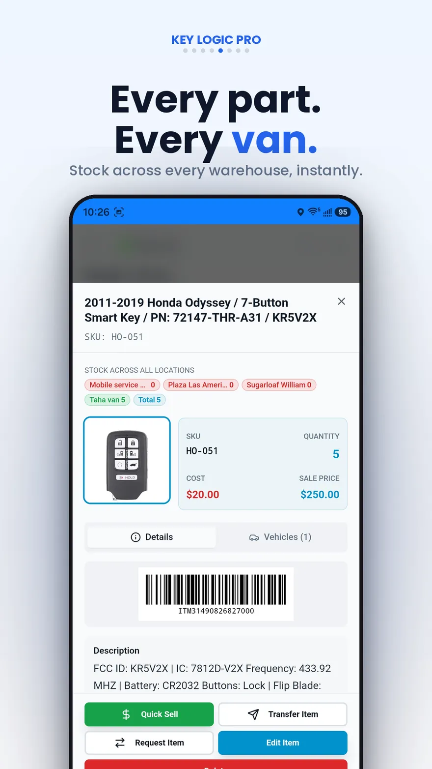KeyLogic Pro inventory item showing stock levels across warehouse and van locations