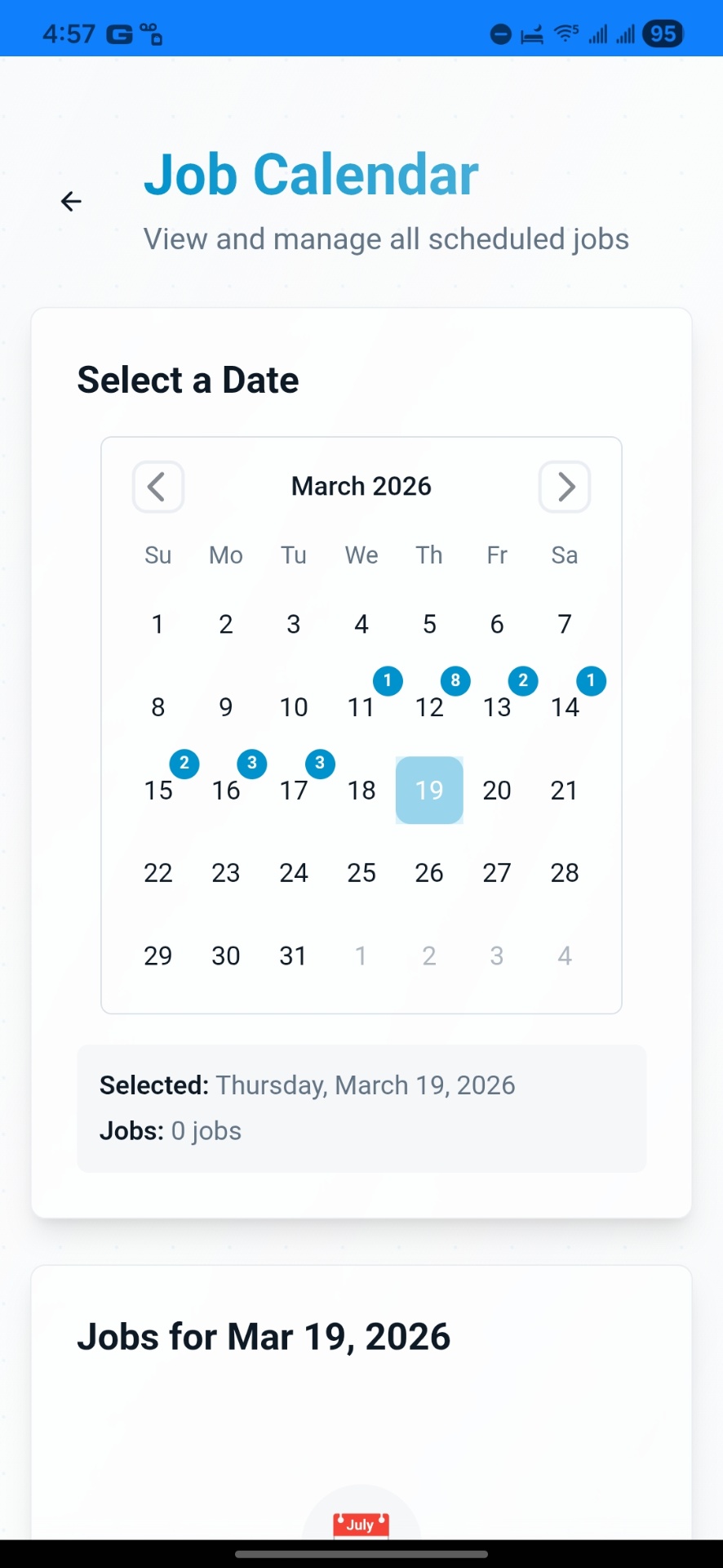 KeyLogic Pro job calendar showing scheduled locksmith jobs