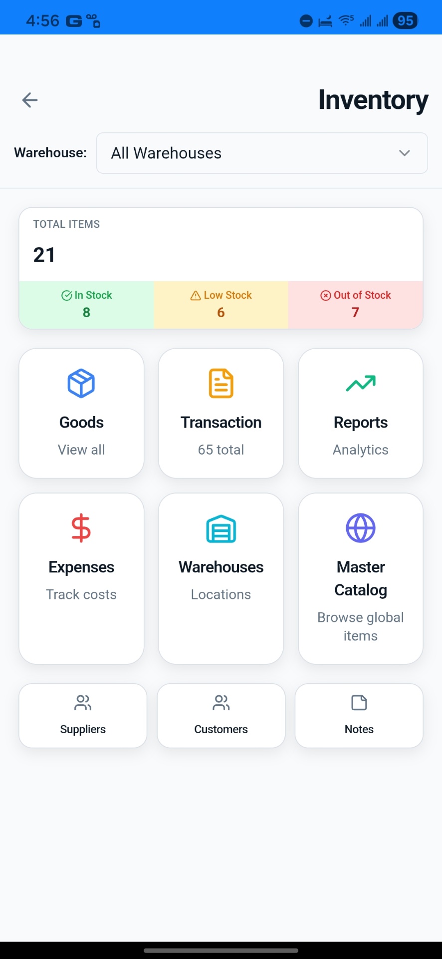 KeyLogic Pro inventory list with quantities tracked per warehouse and van