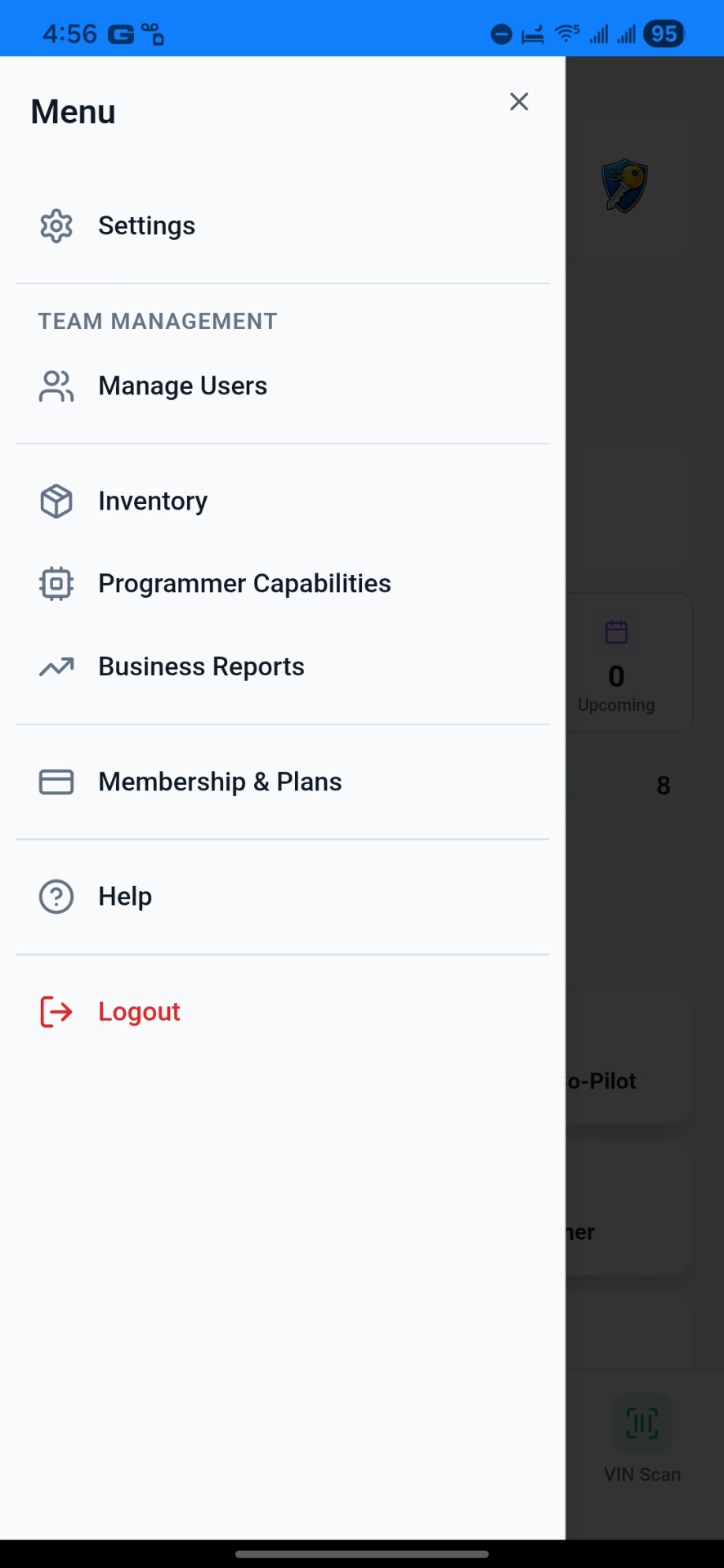 KeyLogic Pro menu showing team, jobs, inventory and business management tools