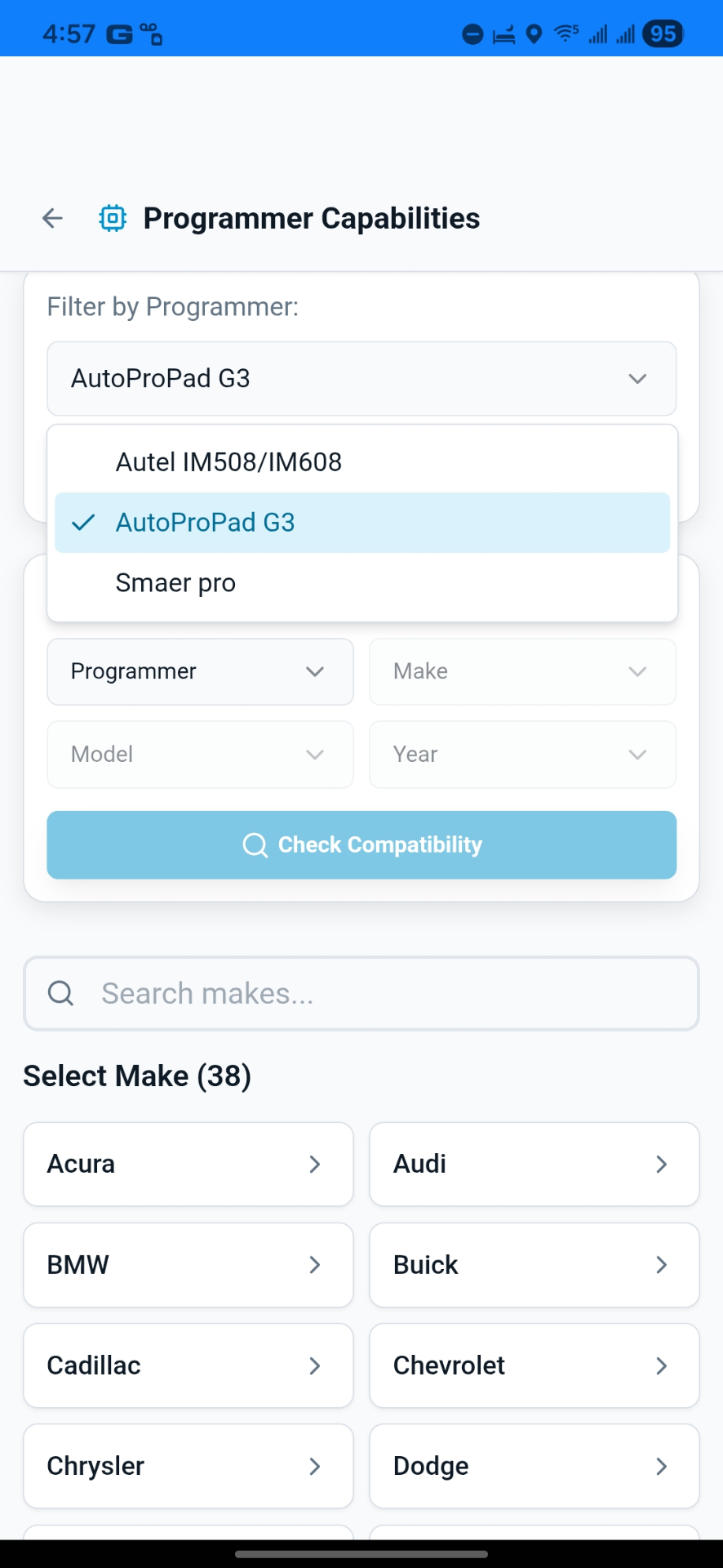 KeyLogic Pro programmer compatibility screen for automotive key work